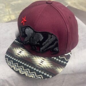 Carbon Elements Mens Burgundy California Bear Snapback Hat Tribal Print Brim